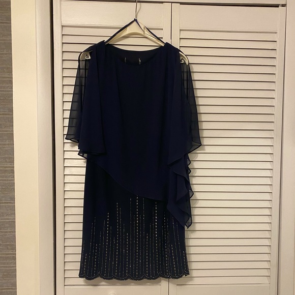 Navy Blue Beaded Dress with Cape - Picture 1 of 4